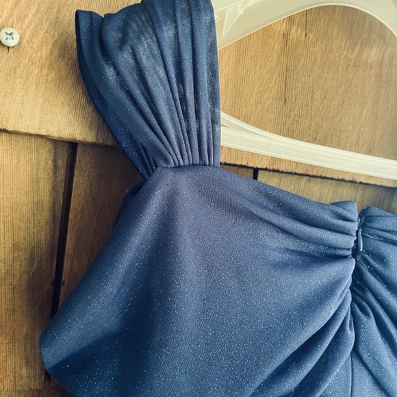 Alex Evening Sz12 Cold Shoulder Glitter Mesh Blue Dress Draped Skirt Cowl Neck - Picture 14 of 16